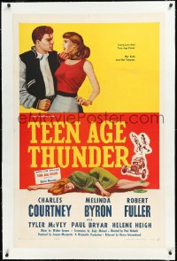 2a1064 TEEN AGE THUNDER linen 1sh 1957 Charles Courtney, Melinda Byron, hot rods & hot tempers!