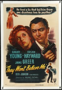 2a1068 THEY WON'T BELIEVE ME linen 1sh 1947 Susan Hayward, Robert Young w/gun, Jane Greer, film noir!