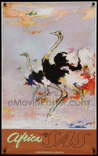 2a0329 SAS AFRICA 24x39 Danish travel poster 1960s Scandinavian Airlines, Otto Nielsen ostrich art!