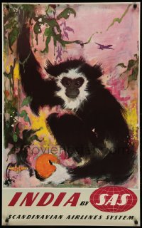 2a0328 SAS INDIA 24x39 Danish travel poster 1950s Otto Nielson art of monkey with fruit!