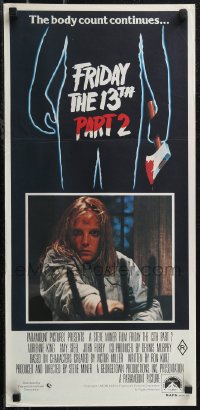 2b0911 FRIDAY THE 13th PART II Aust daybill 1981 Amy Steel with pitchfork in slasher horror sequel!