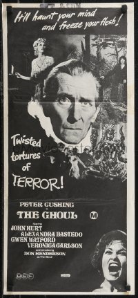 2b0913 GHOUL Aust daybill 1975 close-up of Peter Cushing, cannibals, wild horror images!