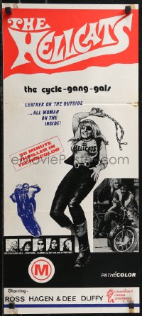 2b0919 HELLCATS Aust daybill 1968 wild art of female biker who is leather on the outside but all woman!