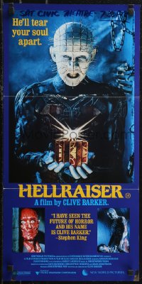 2b0920 HELLRAISER Aust daybill 1987 Clive Barker horror, Pinhead, he'll tear your soul apart!