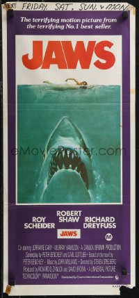 2b0925 JAWS Aust daybill 1975 Roger Kastel art of Spielberg's man-eating shark attacking sexy swimmer!