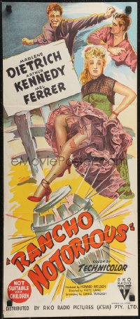 2b0951 RANCHO NOTORIOUS Aust daybill 1952 Fritz Lang, hand litho of Marlene Dietrich showing leg!