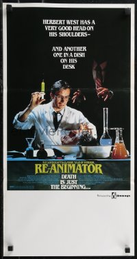 2b0953 RE-ANIMATOR Aust daybill 1986 image of mad scientist Jeffrey Combs with severed head in bowl!