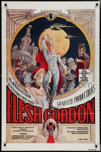 2b1065 FLESH GORDON 1sh 1974 sexy sci-fi spoof, wacky erotic super hero art by George Barr!