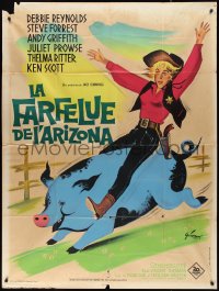 2b0310 SECOND TIME AROUND French 1p 1961 different Grinsson art of Debbie Reynolds riding pig!