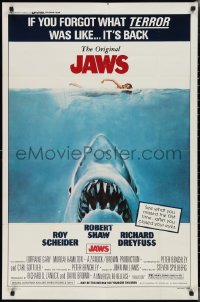 2b1099 JAWS 1sh R1979 Kastel art of Spielberg's man-eating shark attacking sexy swimmer!