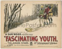 2b1246 FASCINATING YOUTH TC 1926 three Paramount Junior Stars of 1926 standing on toboggan, lost!