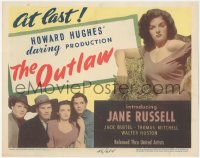 2b1260 OUTLAW TC 1946 close up of sexy Jane Russell sitting on hay & with top cast, Howard Hughes!