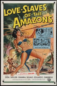 2b1116 LOVE-SLAVES OF THE AMAZONS 1sh 1957 Reynold Brown art of sexy female native with spear!