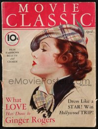 2b0767 MOVIE CLASSIC magazine April 1936 great cover art of Myrna Loy's profile by Charles Sheldon!