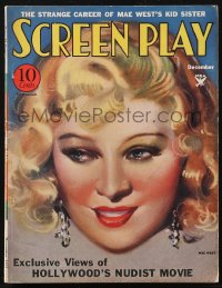 2b0774 SCREEN PLAY magazine December 1933 cover art of sexy Mae West, Hollywood's Nudist Movie!