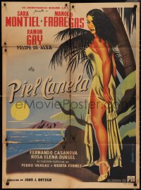 2b0687 PIEL CANELA Mexican poster 1953 Juanino art of sexy tropical Sara Montiel by the ocean!