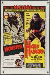 2b1127 MONSTER FROM GREEN HELL/HALF HUMAN 1sh 1957 twin terrifying terrors in 1 towering thrill show!