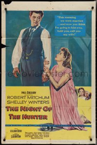 2b1139 NIGHT OF THE HUNTER 1sh 1956 Robert Mitchum & Winters, Laughton's classic noir!