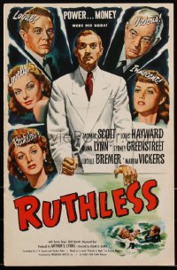 2b0199 RUTHLESS pressbook 1948 Edgar Ulmer, Scott, Greenstreet, bad girls Lynn, Bremer & Vickers!