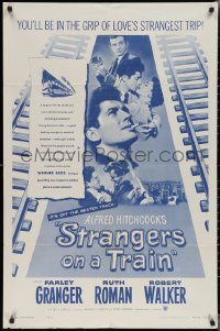 2b1189 STRANGERS ON A TRAIN 1sh R1957 Farley Granger & Robert Walker in murder pact, Hitchcock!