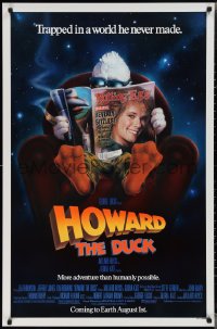 2c1066 HOWARD THE DUCK advance 1sh 1986 George Lucas, art of him reading magazine w/Lea Thompson!