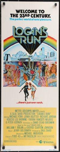 2c0728 LOGAN'S RUN insert 1976 art of Michael York & Jenny Agutter running away by Charles Moll!