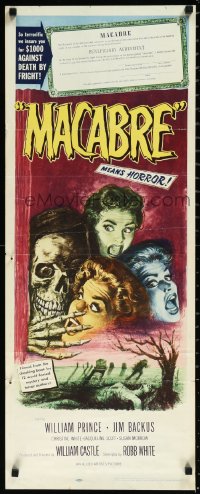 2c0732 MACABRE insert 1958 William Castle, cool artwork of skeleton & screaming girls in graveyard!