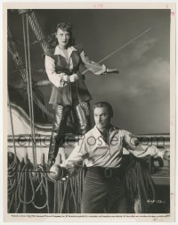 2f1800 AGAINST ALL FLAGS 8x10 key book still 1952 Maureen O'Hara & Errol Flynn with swords on ship!