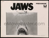 2f0414 JAWS pressbook 1975 art of Steven Spielberg's classic man-eating shark attacking sexy swimmer!