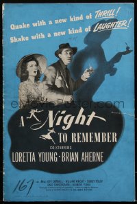 2f0315 NIGHT TO REMEMBER pressbook 1942 Loretta Young & Aherne in a mirthful murder mystery, rare!