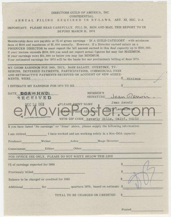 emovieposter-2h0321-jean-renoir-signed-dga-tax-filing-1969-paying