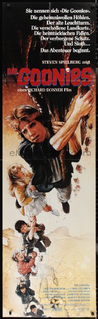 2j0403 GOONIES German 21x71 1985 cool Drew Struzan art of top cast hanging from stalactite, rare!