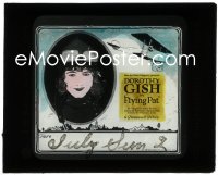 2j1698 FLYING PAT glass slide 1920 great artwork of aviatrix Dorothy Gish & her airplane!