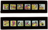 2j1677 MICKEY MOUSE 2 English glass slides 1936 Pigmyland, each has 6 color images, ultra rare!