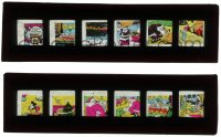 2j1678 NIGHT BEFORE CHRISTMAS 2 English glass slides 1933 Walt Disney, each has 6 color images, rare!