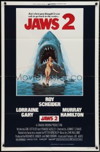 2j1111 JAWS 2 int'l 1sh 1978 art of giant shark attacking girl on water skis by Lou Feck!