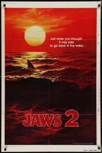 2j1110 JAWS 2 teaser 1sh 1978 shark's fin cutting through ocean at sunset, plus most iconic tagline!