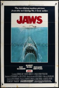 2j1109 JAWS 1sh 1975 Roger Kastel art of Spielberg's man-eating shark attacking sexy swimmer!