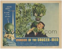 2j1456 INVASION OF THE SAUCER MEN LC #5 1957 fantastic close up of cabbage head alien choking guy!