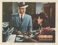 2j1458 KISS OF DEATH LC #4 1947 Victor Mature shows gun to girl behind desk, film noir classic!