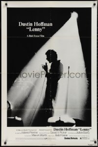 2j1130 LENNY 1sh 1974 silhouette image of Dustin Hoffman as comedian Lenny Bruce at microphone!