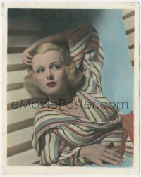 2p1898 JOAN BENNETT color deluxe 8x10 still 1936 great portrait in striped dress with hand on hair!