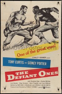 2p0734 DEFIANT ONES 1sh 1958 art of escaped cons Tony Curtis & Sidney Poitier chained together!