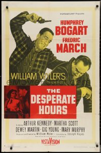 2p0737 DESPERATE HOURS 1sh 1955 Humphrey Bogart attacks Fredric March from behind, William Wyler