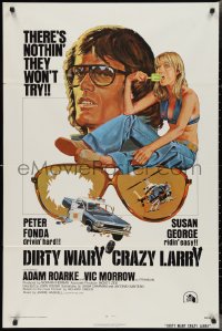 2p0743 DIRTY MARY CRAZY LARRY 1sh 1974 Fonda w/Susan George sucking on popsicle, art by Tanenbaum!