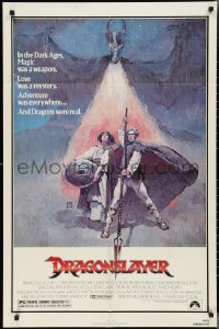 2p0751 DRAGONSLAYER 1sh 1981 cool Jeff Jones fantasy artwork of Peter MacNicol w/spear & dragon!