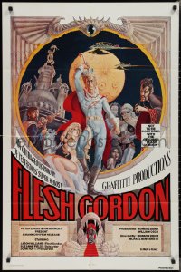 2p0776 FLESH GORDON 1sh 1974 sexy sci-fi spoof, wacky erotic super hero art by George Barr!