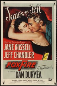 2p0781 FOXFIRE 1sh 1955 romantic close up artwork of sexy Jane Russell & Jeff Chandler!