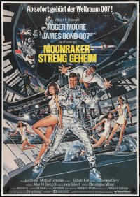 2p0570 MOONRAKER German 33x47 1979 art of Roger Moore as James Bond & sexy space babes by Goozee!