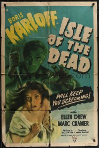 2p0828 ISLE OF THE DEAD 1sh 1945 art of Boris Karloff & Ellen Drew in buried-alive horror, rare!